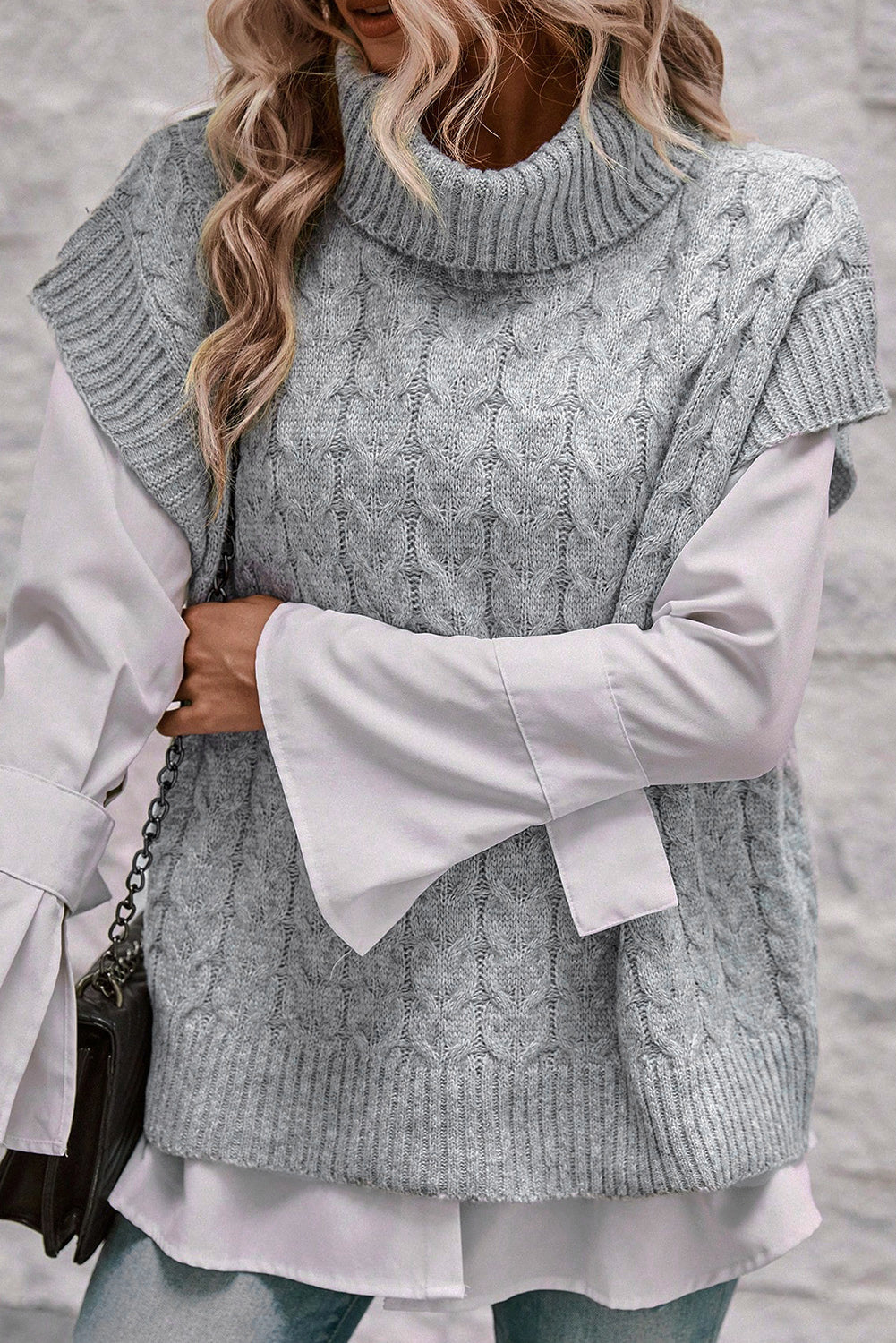 Grey Cable Knit Turtleneck Batwing Sleeve Sweater - Design Studios Direct