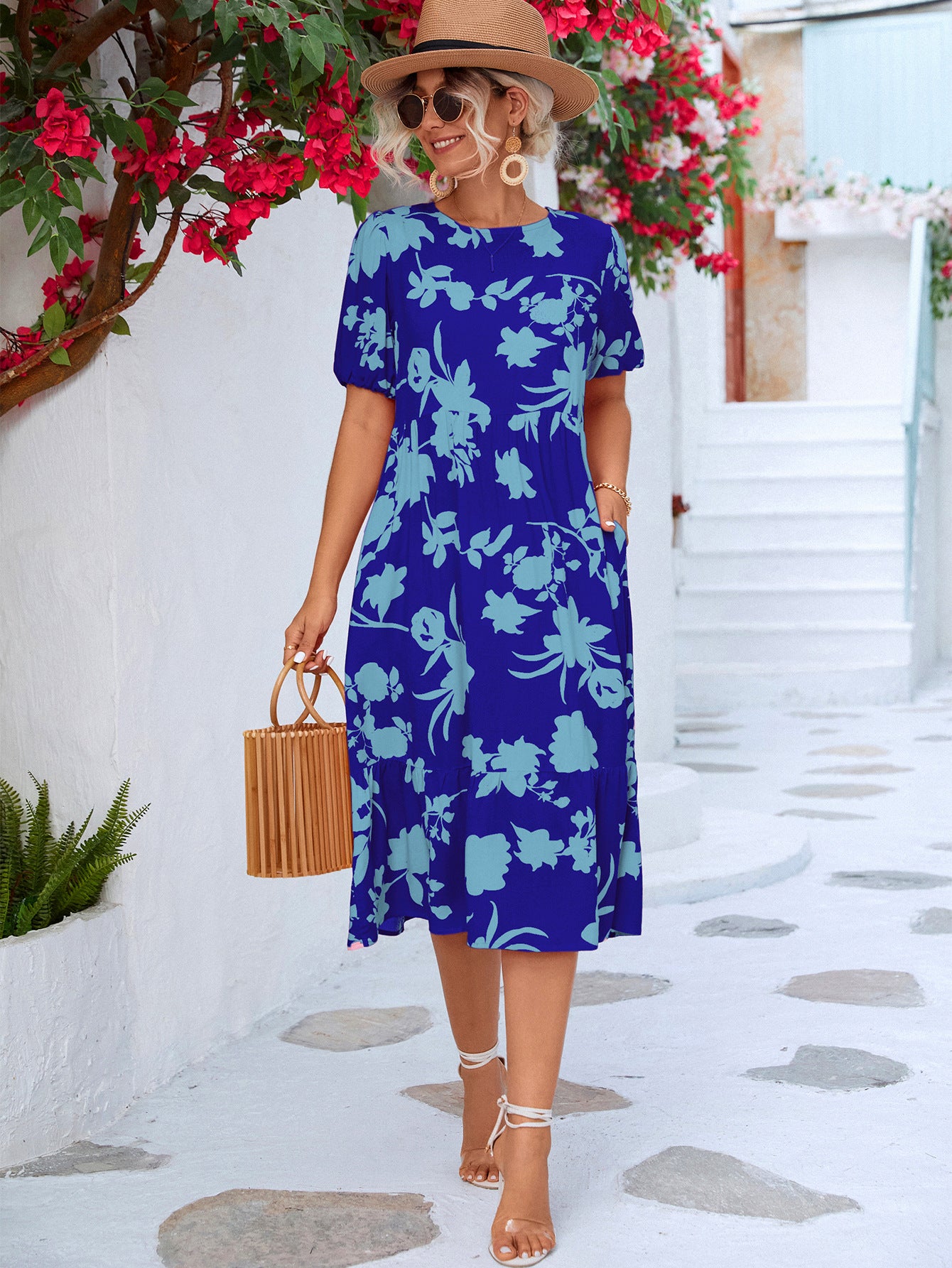 Floral Puff Sleeve Ruffle Hem Midi Dress - Design Studios Direct