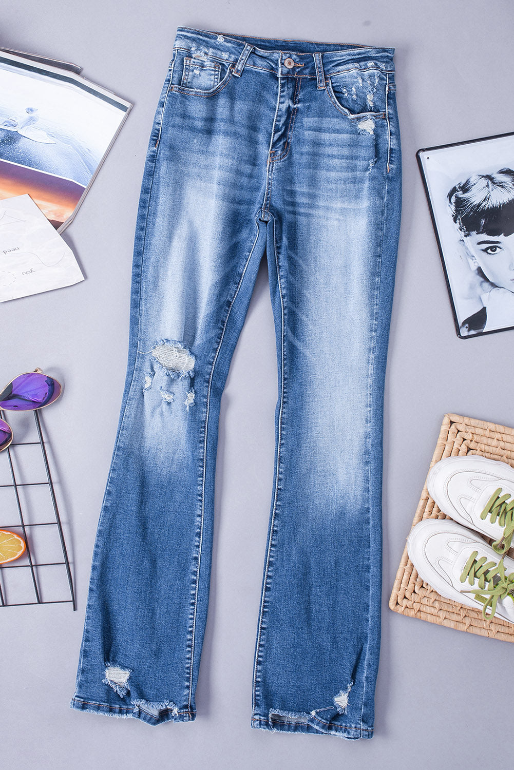 Blue Distressed Flare Jeans - Design Studios Direct