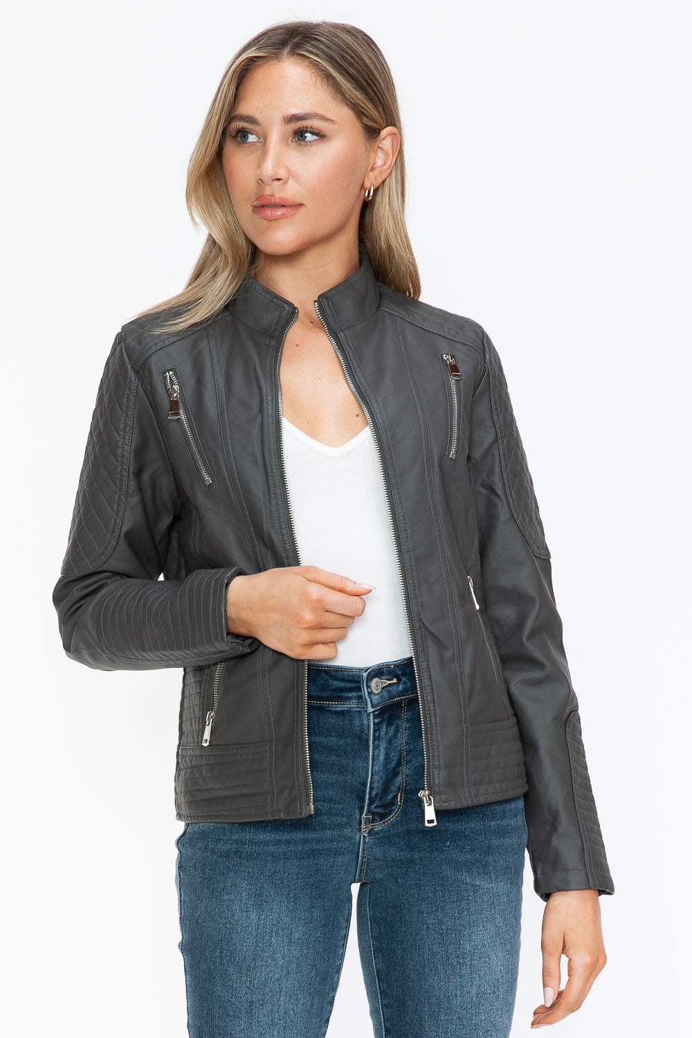 Snobbish Faux Leather Zip Up Mock Neck Jacket - Design Studios Direct