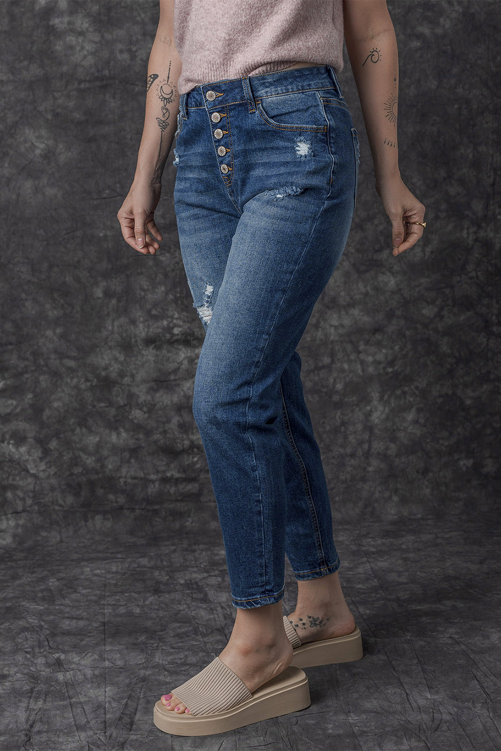 Blue Distressed Button Fly High Waist Skinny Jeans - Design Studios Direct