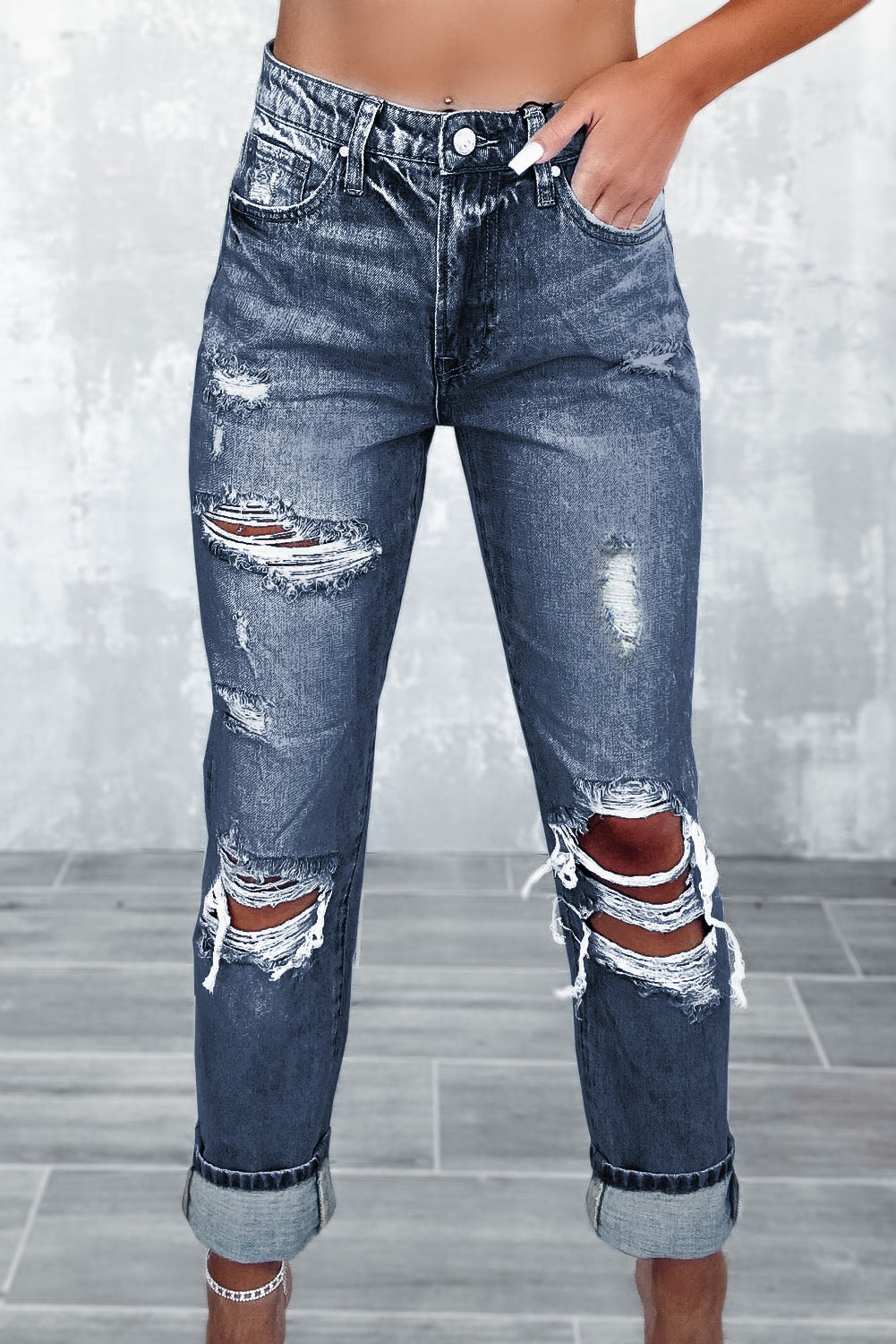 Navy Blue Light Wash Frayed Slim Fit High Waist Jeans - Design Studios Direct