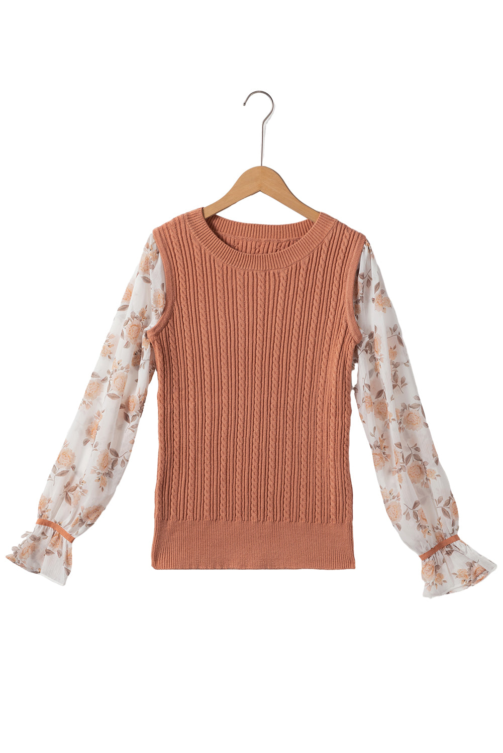 Golden Fleece Floral Patchwork Ruffled Cuff Cable Knit Sweater - Design Studios Direct