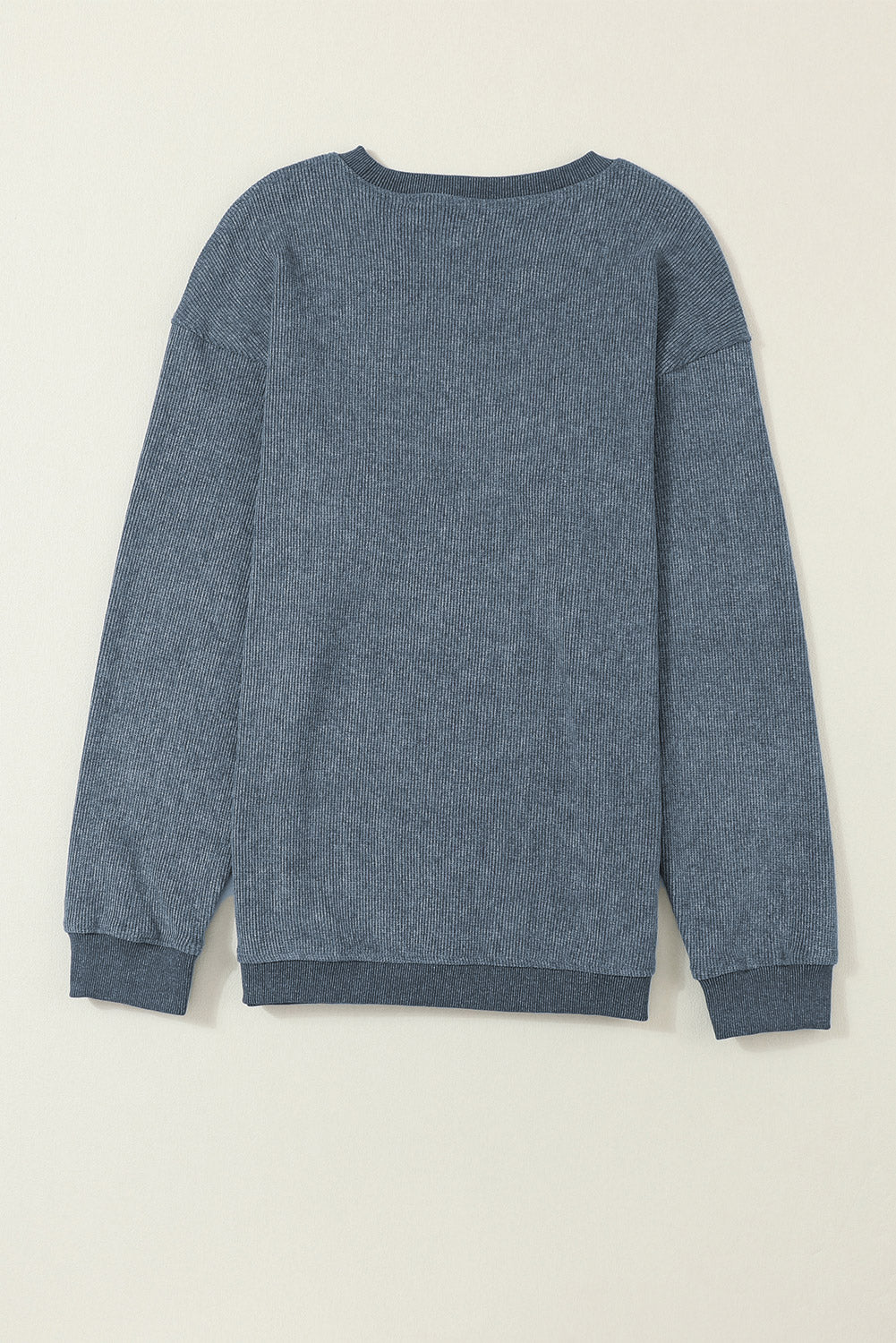 Blue Solid Ribbed Knit Round Neck Pullover Sweatshirt - Design Studios Direct