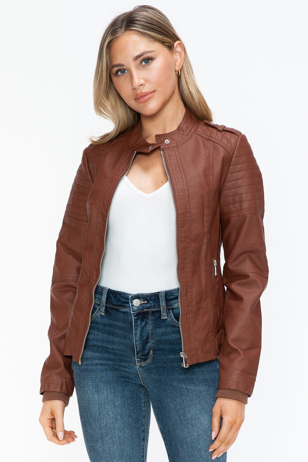 Snobbish PU Leather Biker Jacket with Side Zip Pockets - Design Studios Direct