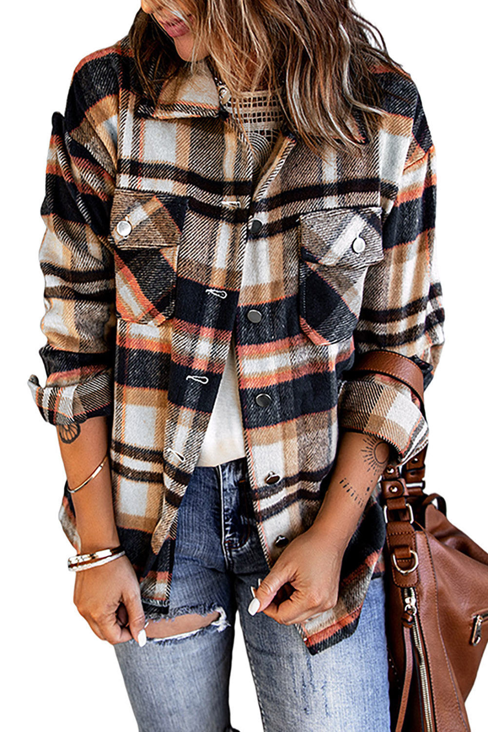 Geometric Plaid Print Pocketed Shacket - Design Studios Direct