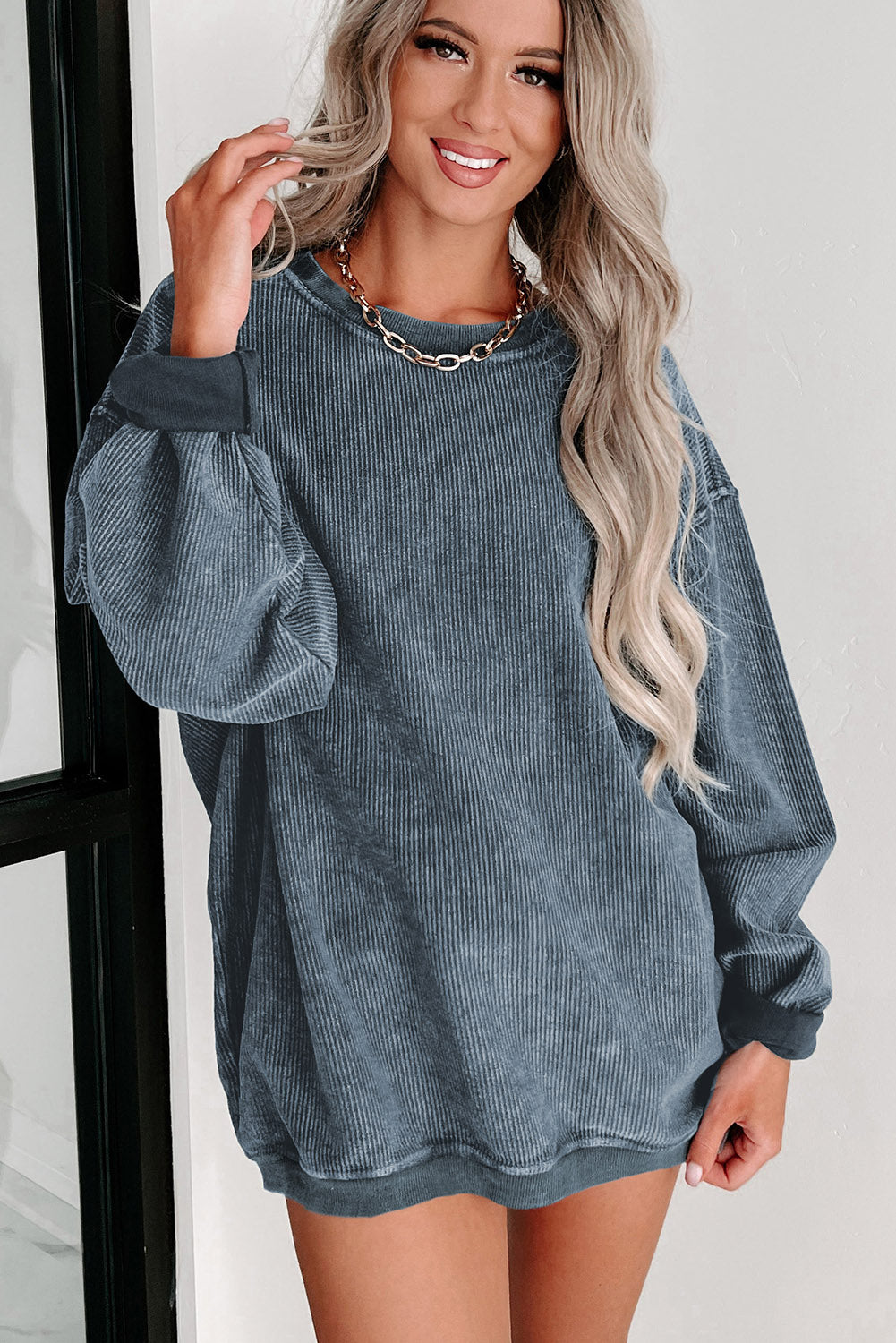 Blue Solid Ribbed Knit Round Neck Pullover Sweatshirt - Design Studios Direct