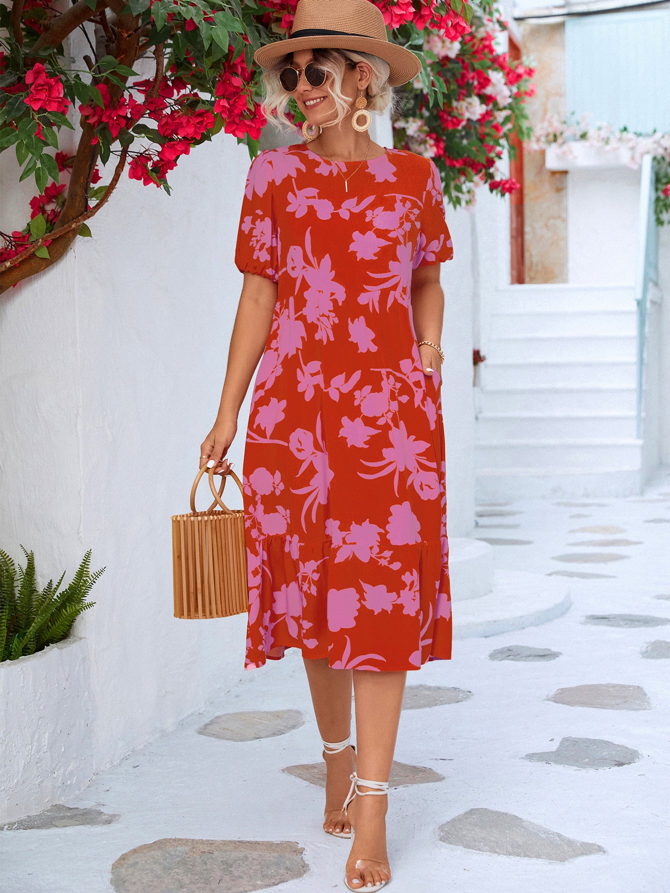 Floral Puff Sleeve Ruffle Hem Midi Dress - Design Studios Direct