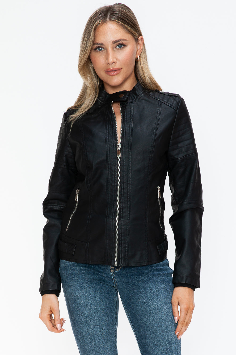 Snobbish PU Leather Biker Jacket with Side Zip Pockets - Design Studios Direct