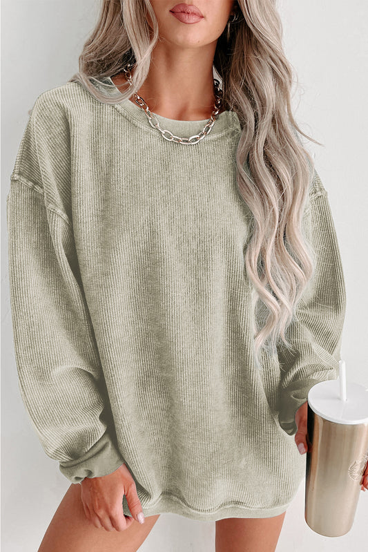 Green Solid Ribbed Knit Round Neck Pullover Sweatshirt - Design Studios Direct