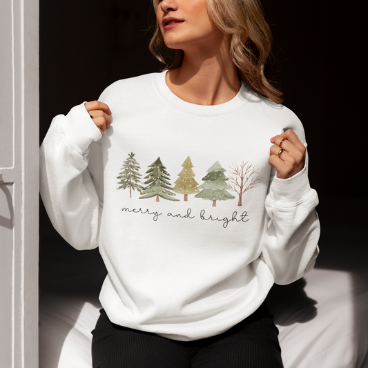 Christmas Trees Sweatshirt - Merry and Bright Unisex Crewneck - Design Studios Direct