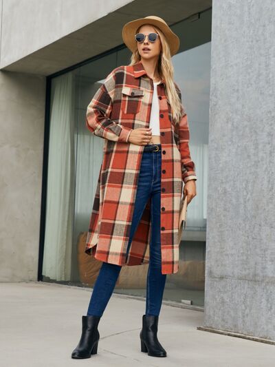 Plaid Pocketed Button Up Trench Coat - Design Studios Direct