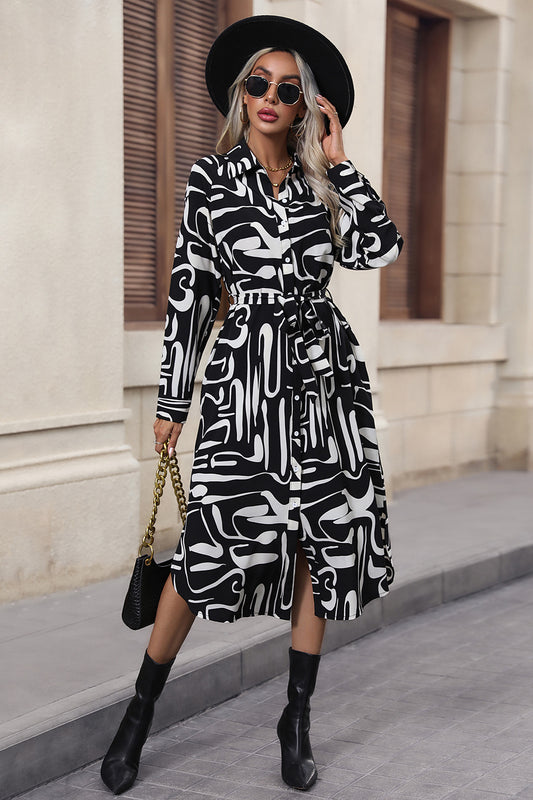 Printed Tie Front Collared Neck Slit Shirt Dress - Design Studios Direct