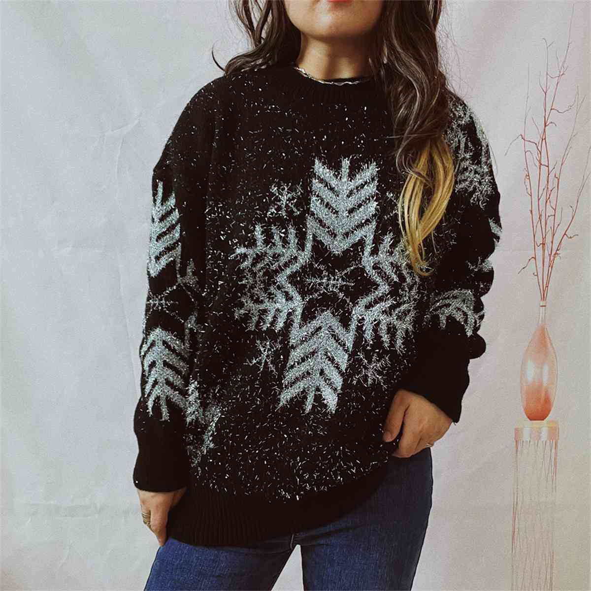 Snowflake Pattern Long Sleeve Sweater - Design Studios Direct