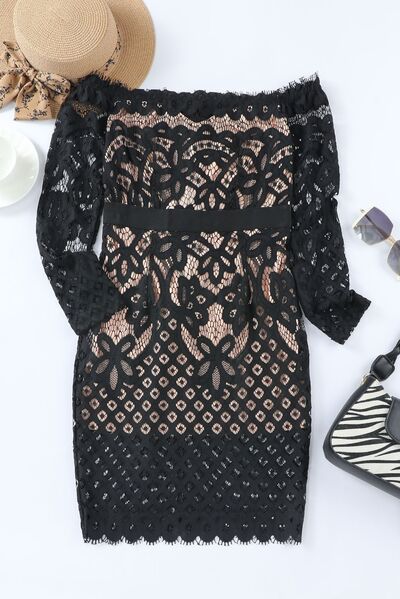 Off-Shoulder Long Sleeve Lace Dress - Design Studios Direct