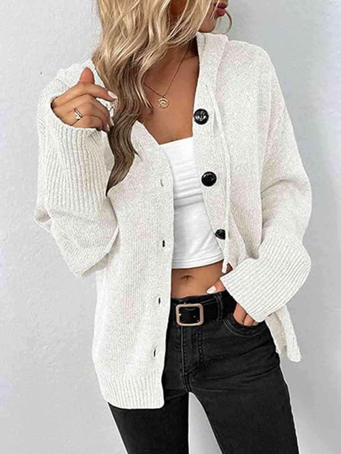 Button Up Drawstring Long Sleeve Hooded Cardigan - Design Studios Direct