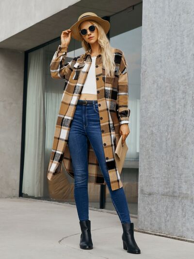 Plaid Pocketed Button Up Trench Coat - Design Studios Direct