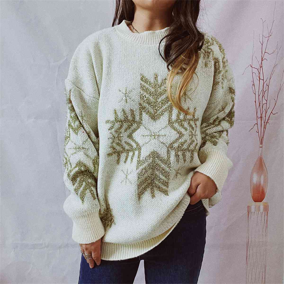 Snowflake Pattern Long Sleeve Sweater - Design Studios Direct