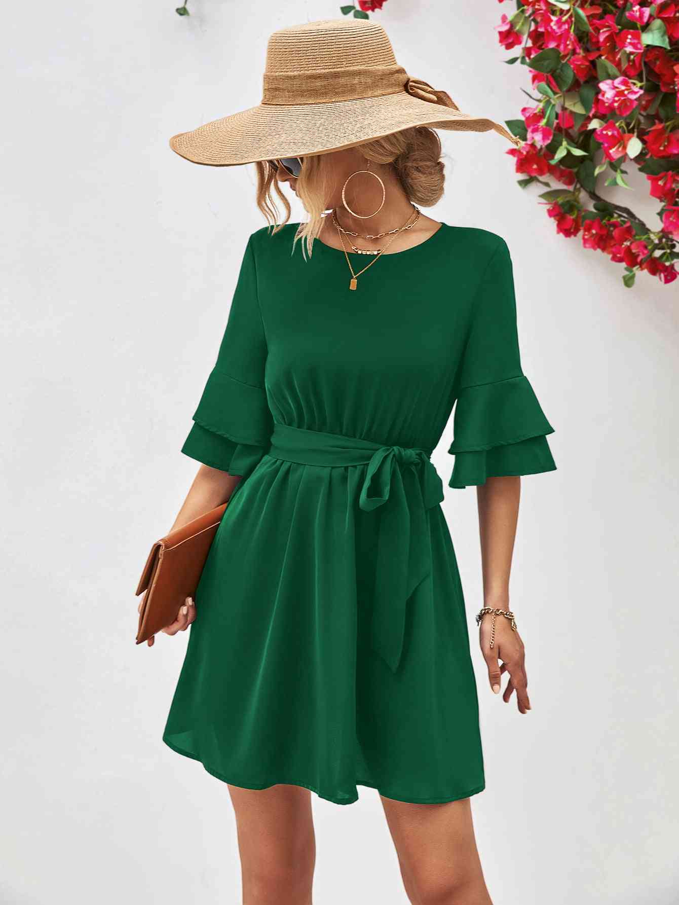 Round Neck Tie Belt Flounce Sleeve Dress - Design Studios Direct