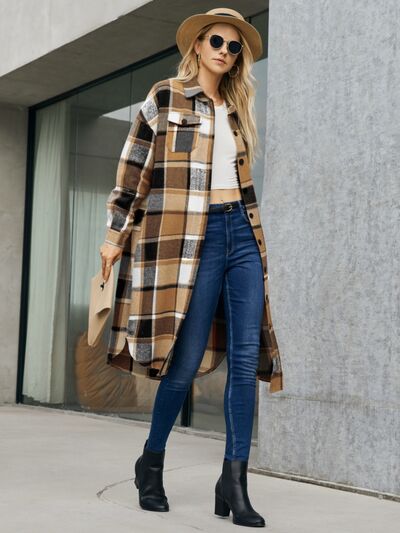 Plaid Pocketed Button Up Trench Coat - Design Studios Direct