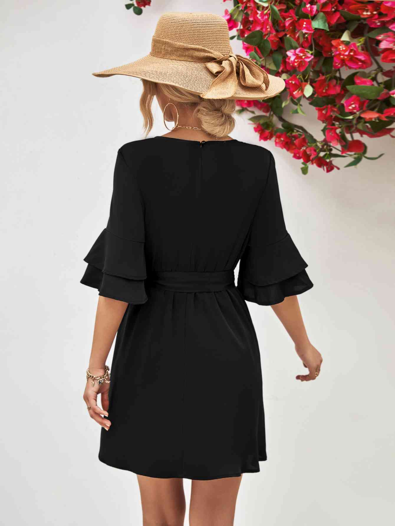 Round Neck Tie Belt Flounce Sleeve Dress - Design Studios Direct