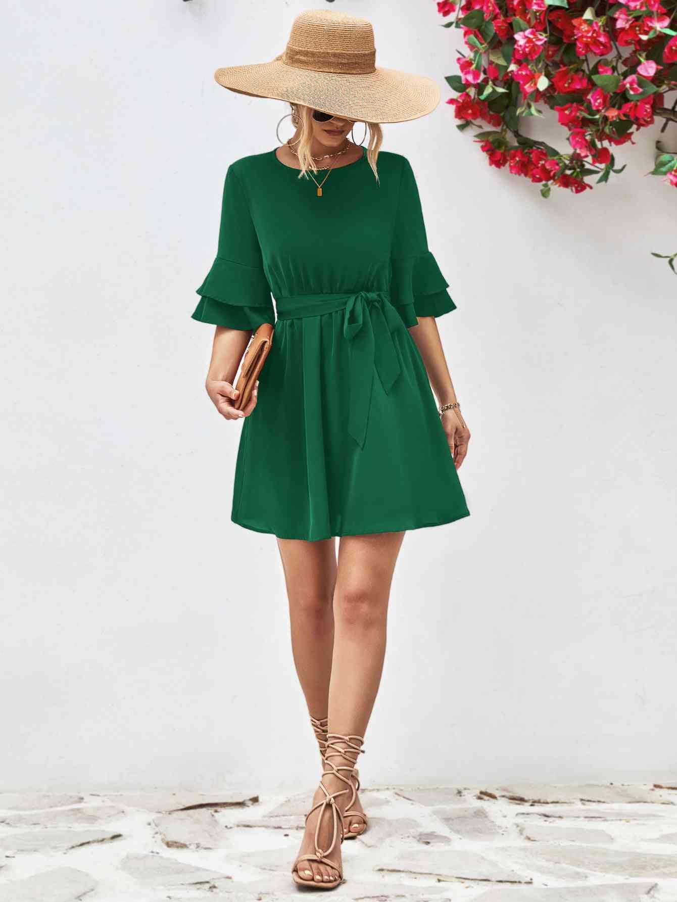 Round Neck Tie Belt Flounce Sleeve Dress - Design Studios Direct