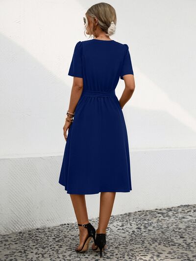 Tied Notched Short Sleeve Dress - Design Studios Direct