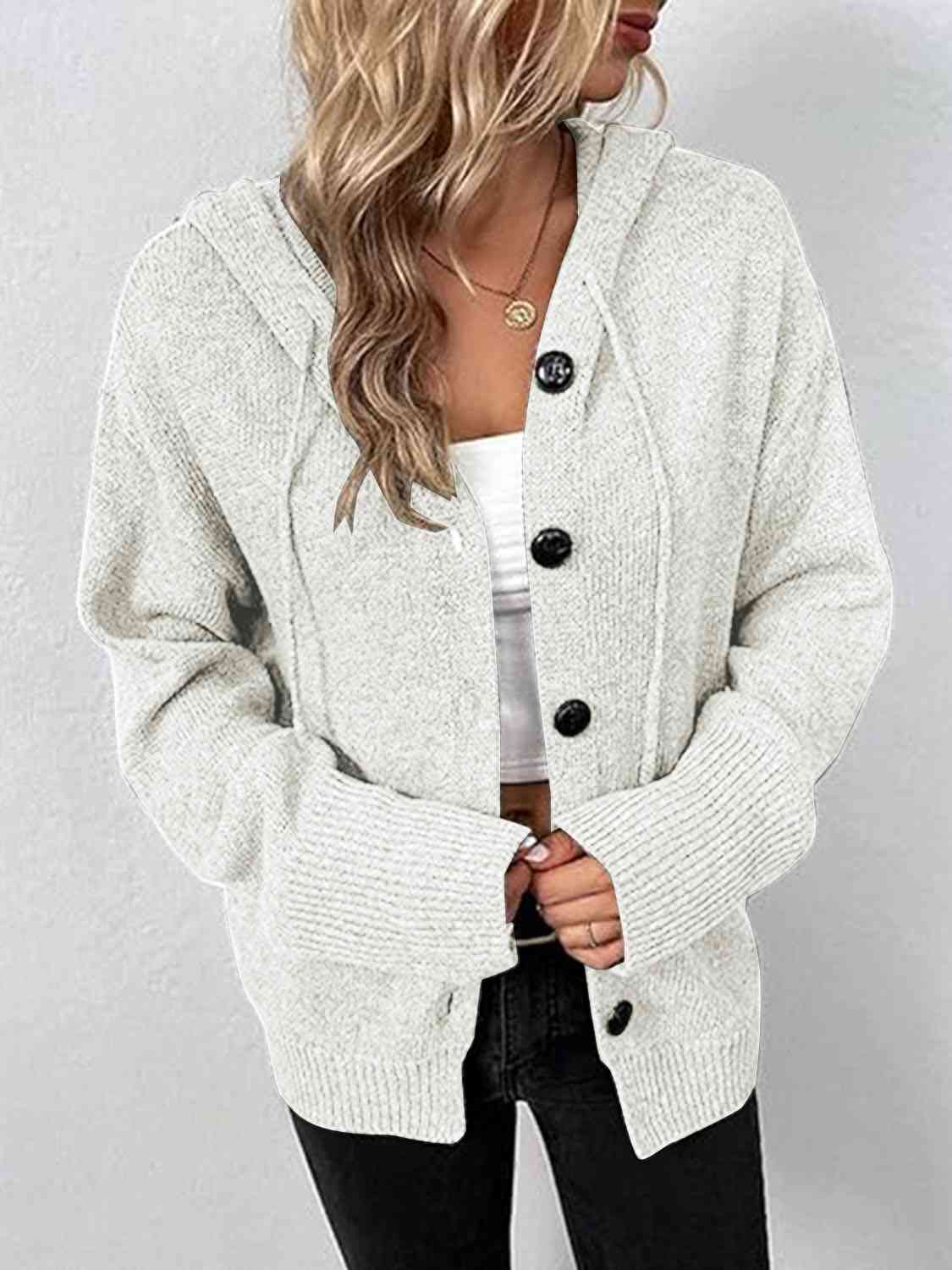 Button Up Drawstring Long Sleeve Hooded Cardigan - Design Studios Direct