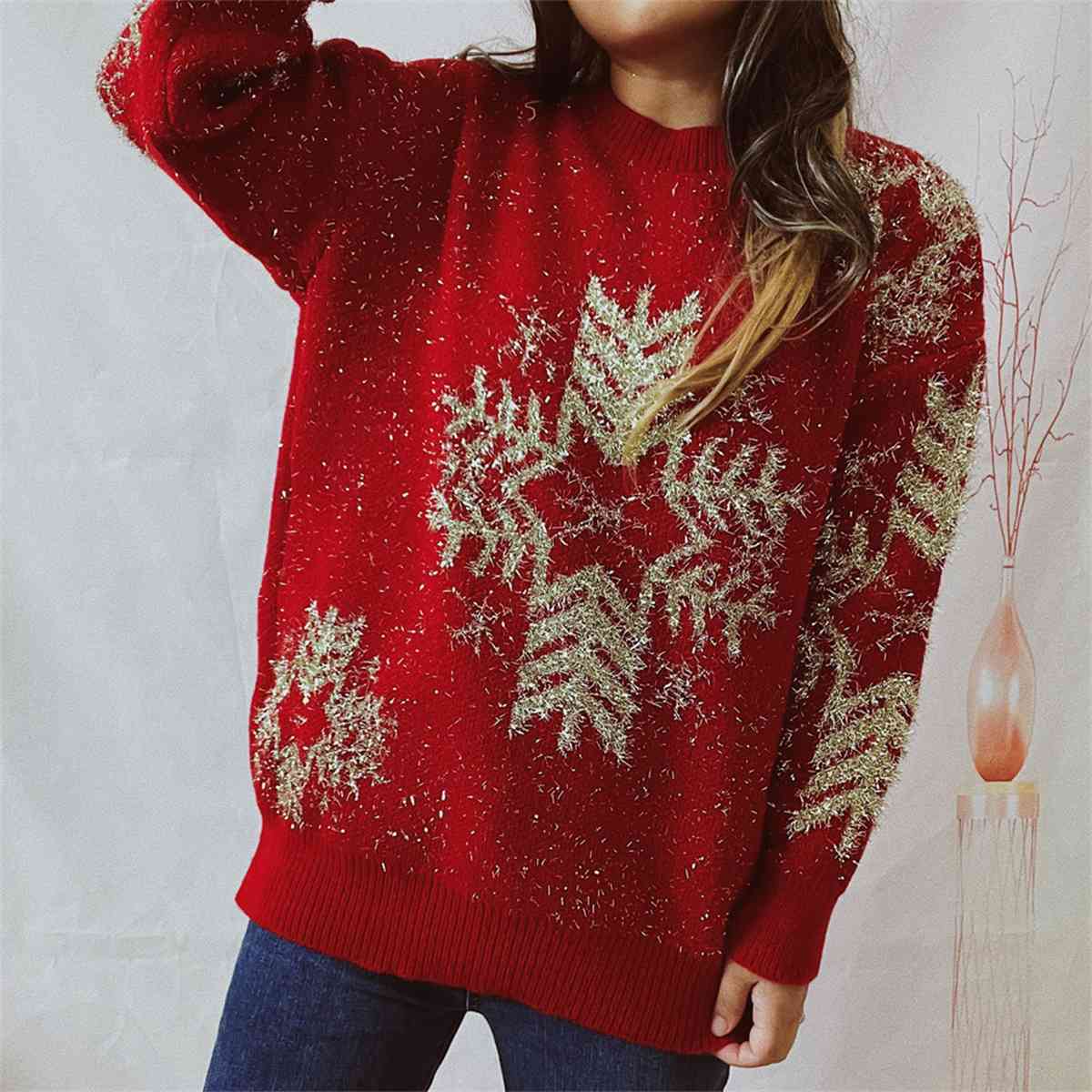 Snowflake Pattern Long Sleeve Sweater - Design Studios Direct