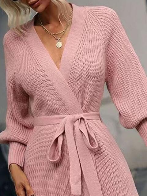 Open Front Lantern Sleeve Tied Cardigan - Design Studios Direct