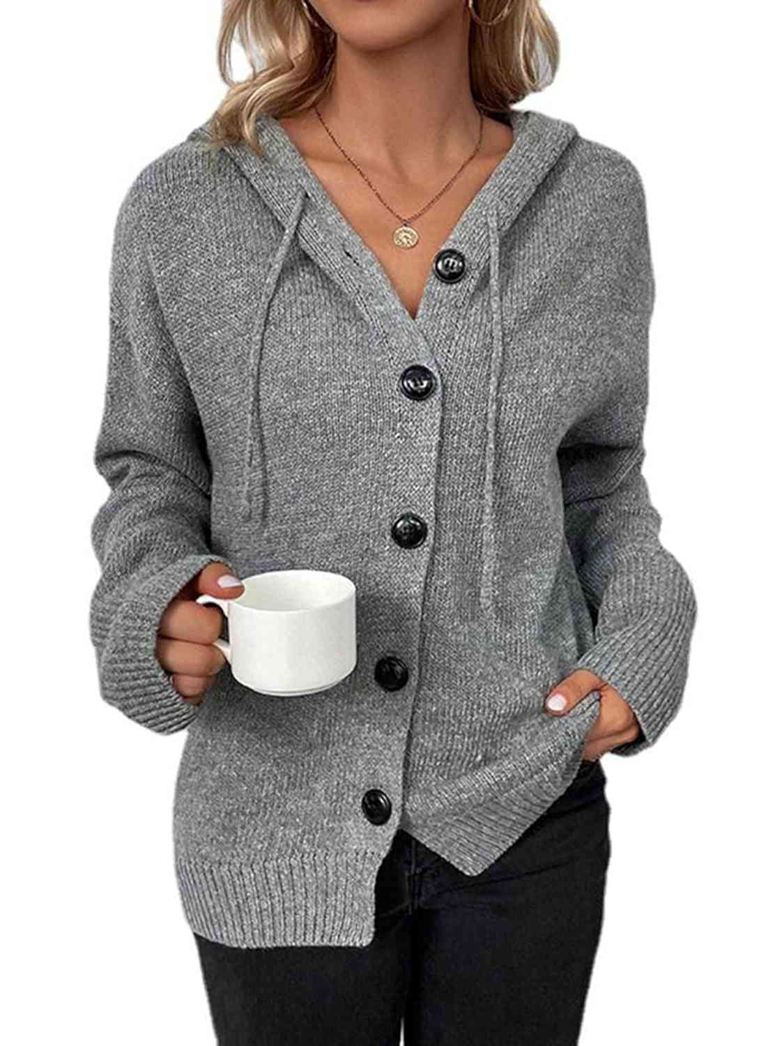 Button Up Drawstring Long Sleeve Hooded Cardigan - Design Studios Direct