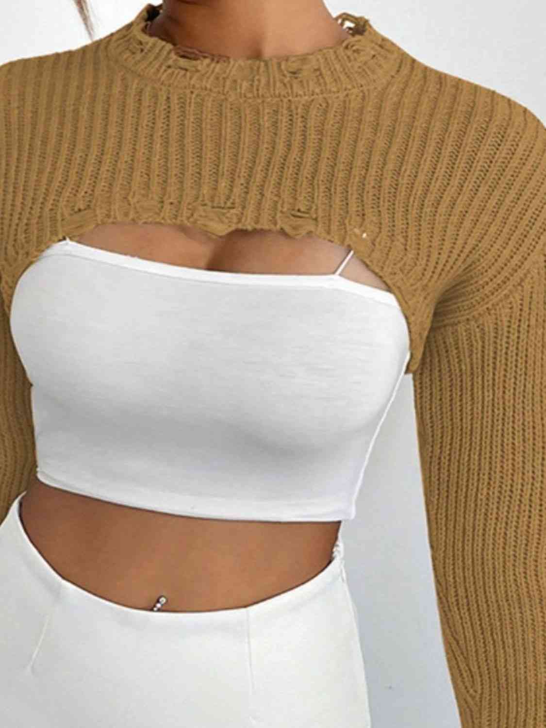 Distressed Long Sleeve Cropped Sweater - Design Studios Direct