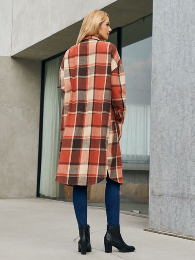 Plaid Pocketed Button Up Trench Coat - Design Studios Direct