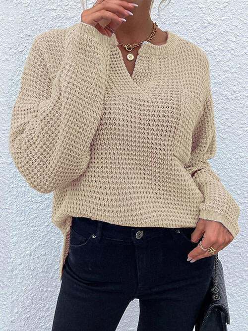 Notched Long Sleeve Sweater - Design Studios Direct