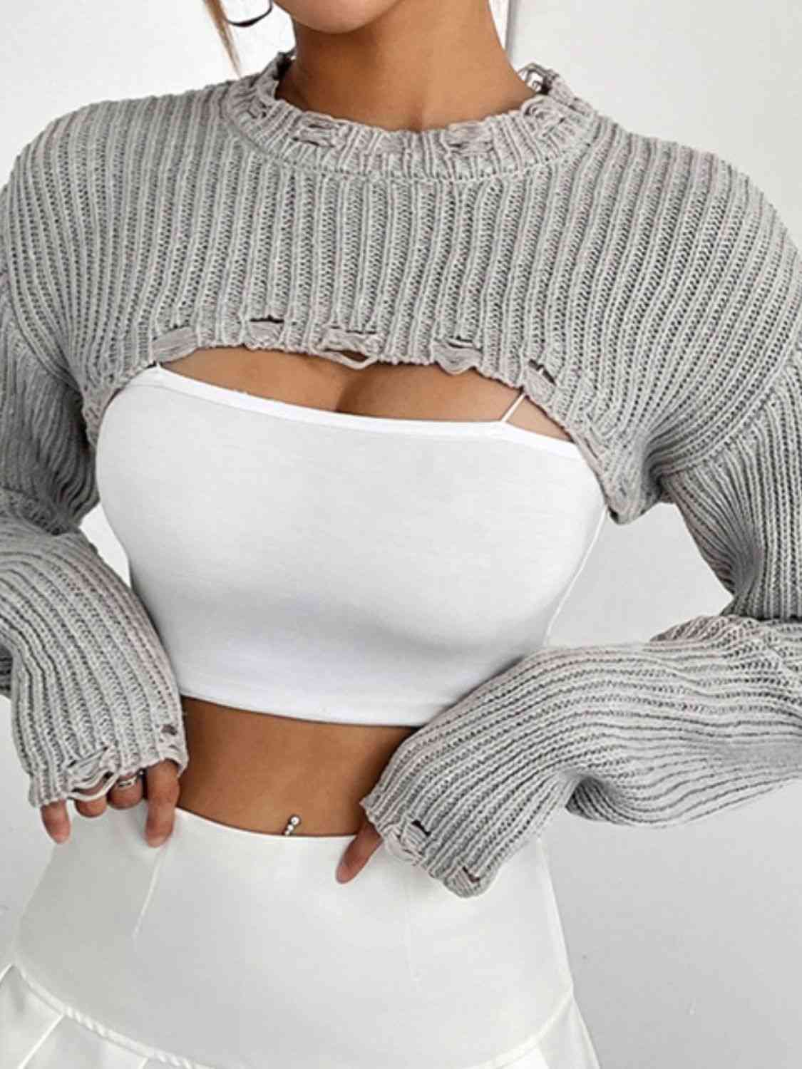 Distressed Long Sleeve Cropped Sweater - Design Studios Direct