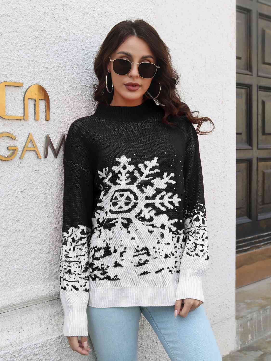 Snowflake Pattern Mock Neck Sweater - Design Studios Direct