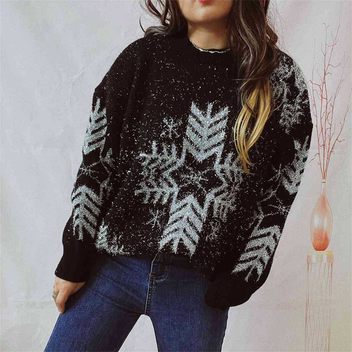 Snowflake Pattern Long Sleeve Sweater - Design Studios Direct