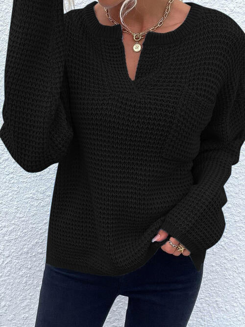 Notched Long Sleeve Sweater - Design Studios Direct