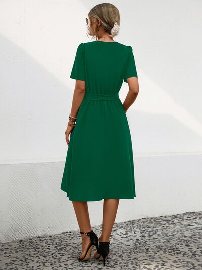 Tied Notched Short Sleeve Dress - Design Studios Direct