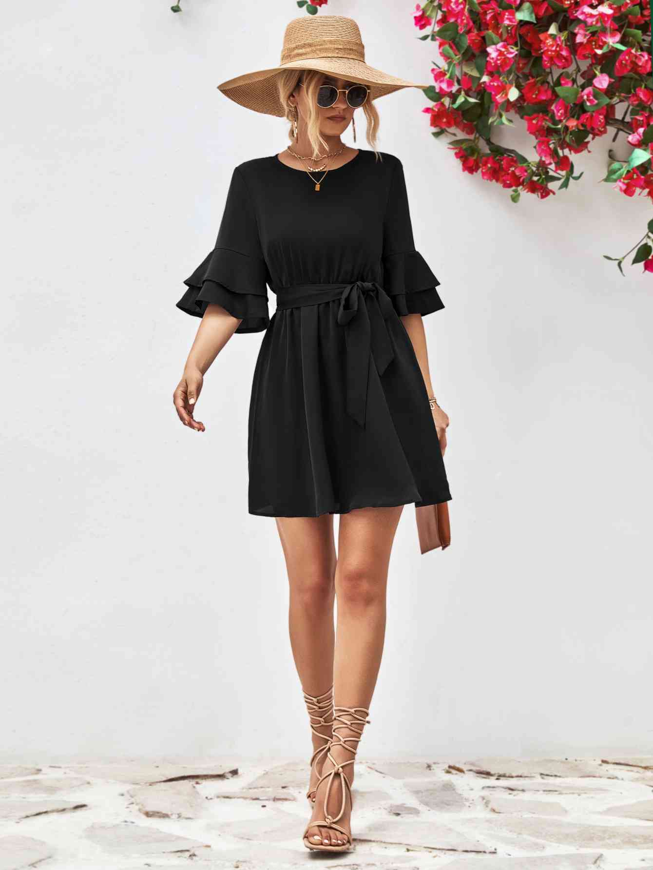 Round Neck Tie Belt Flounce Sleeve Dress - Design Studios Direct