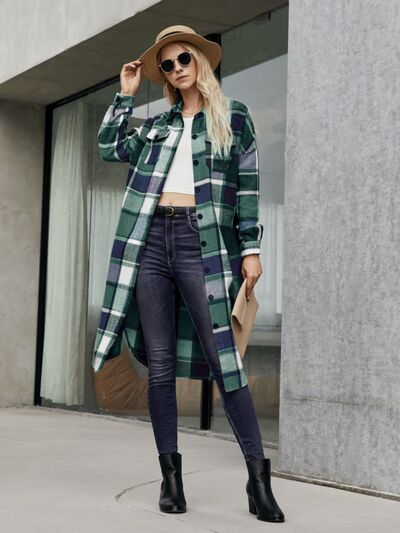 Plaid Pocketed Button Up Trench Coat - Design Studios Direct