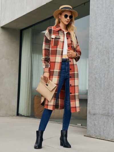 Plaid Pocketed Button Up Trench Coat - Design Studios Direct