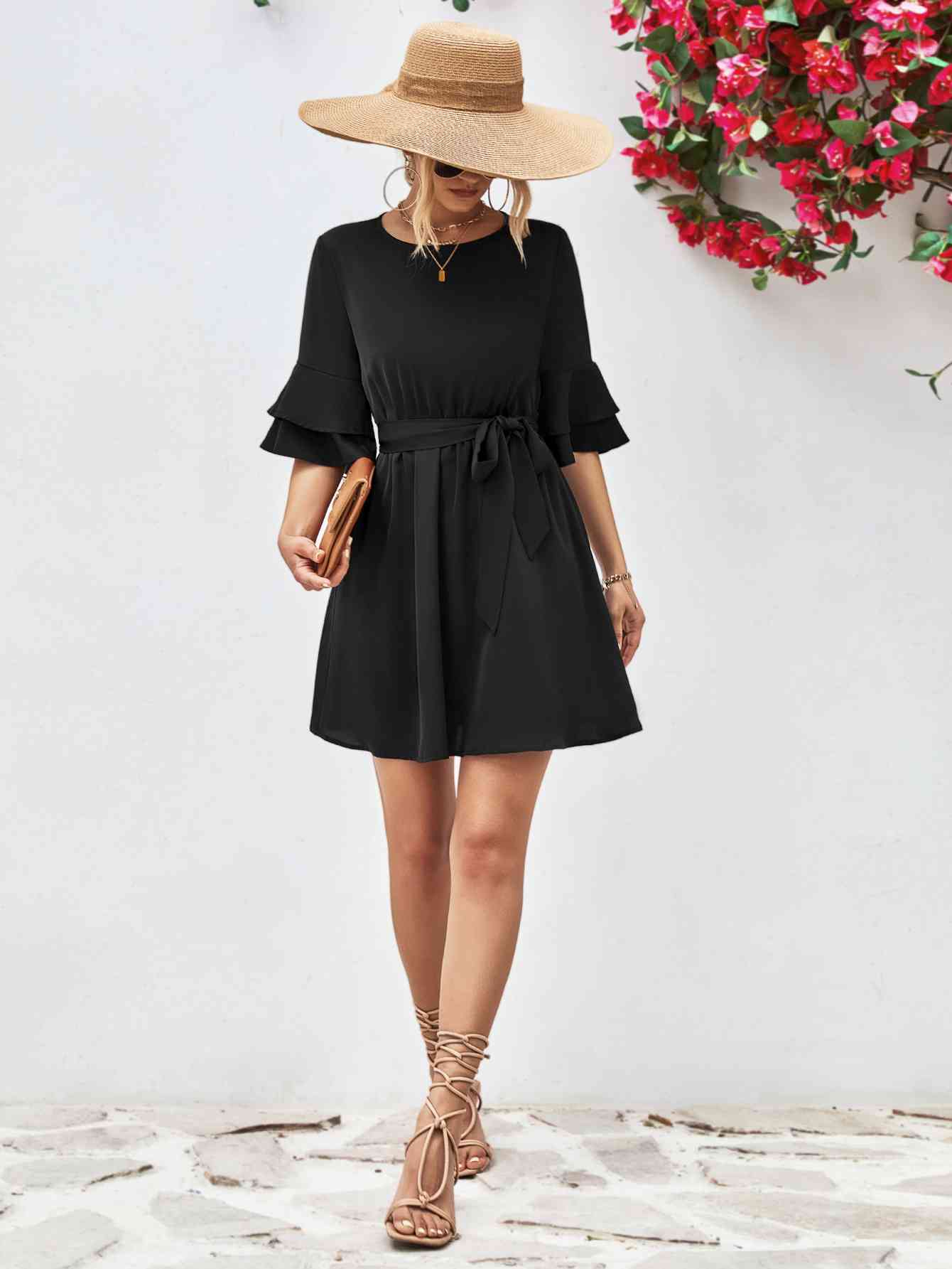 Round Neck Tie Belt Flounce Sleeve Dress - Design Studios Direct