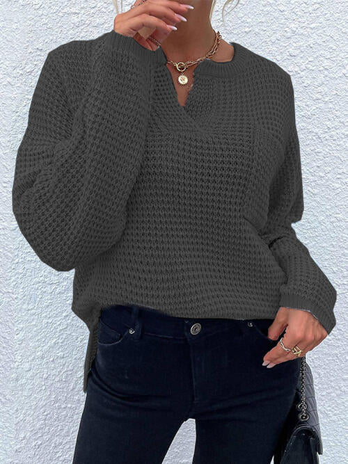 Notched Long Sleeve Sweater - Design Studios Direct