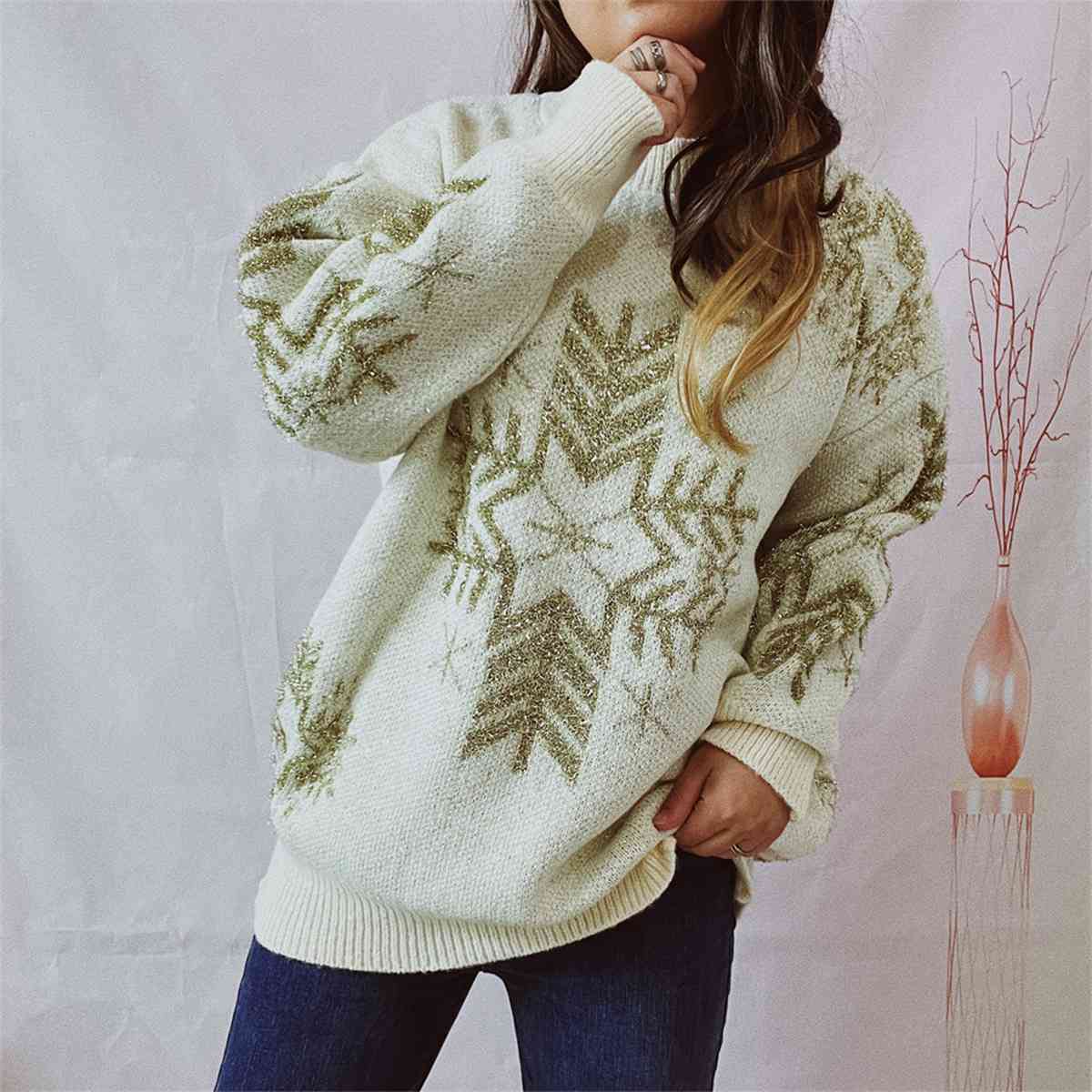 Snowflake Pattern Long Sleeve Sweater - Design Studios Direct