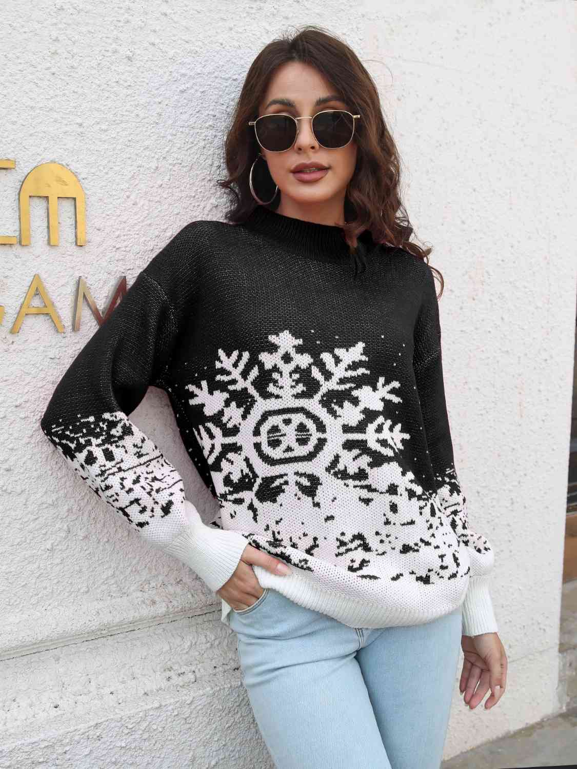 Snowflake Pattern Mock Neck Sweater - Design Studios Direct