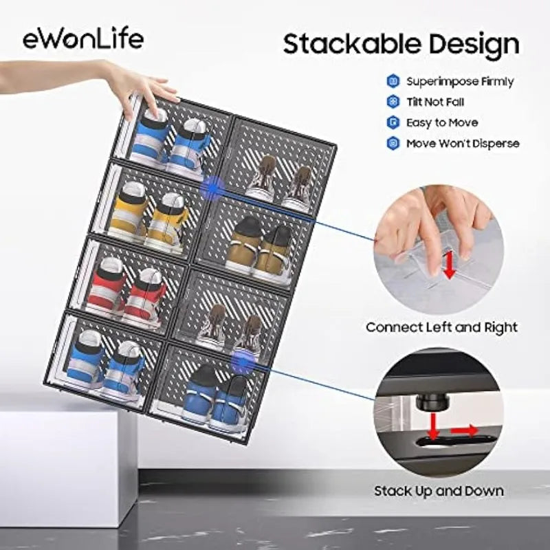 The Ultimate Shoe Storage Solution: Large Shoe Storage Box with Magnetic Door, 12 Pack Clear Plastic Stackable Sneaker Organizer, Connect Left - Design Studios Direct