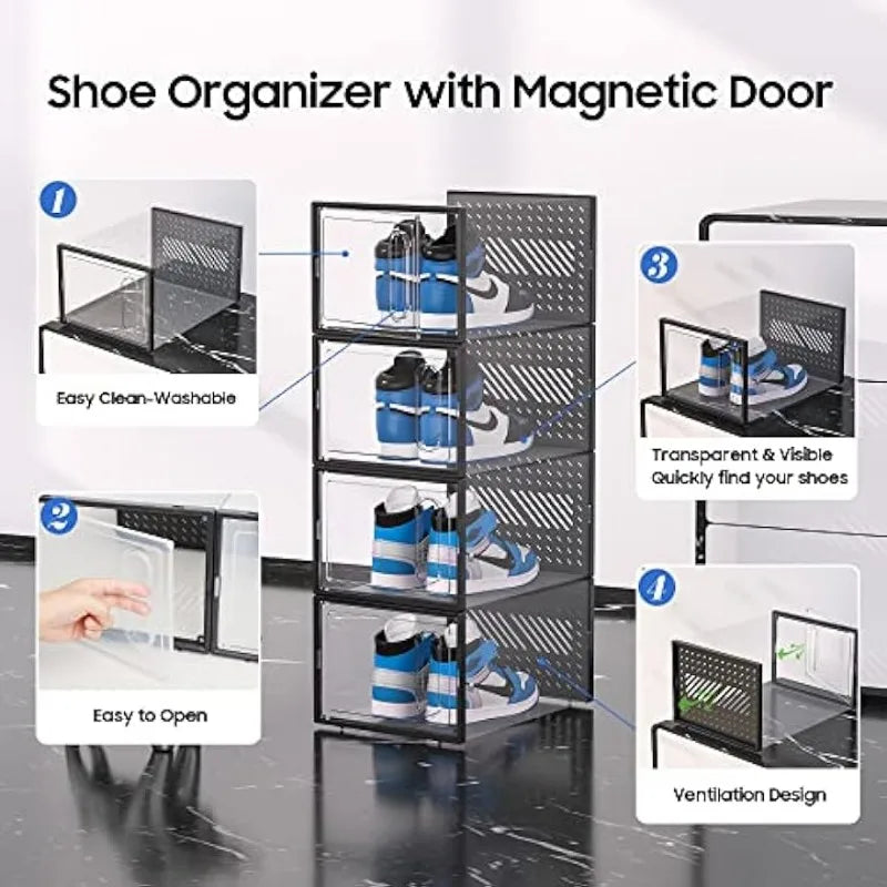 The Ultimate Shoe Storage Solution: Large Shoe Storage Box with Magnetic Door, 12 Pack Clear Plastic Stackable Sneaker Organizer, Connect Left - Design Studios Direct