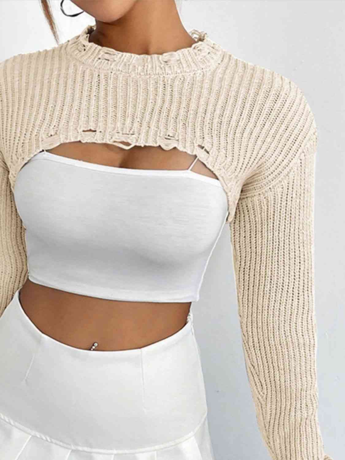 Distressed Long Sleeve Cropped Sweater - Design Studios Direct