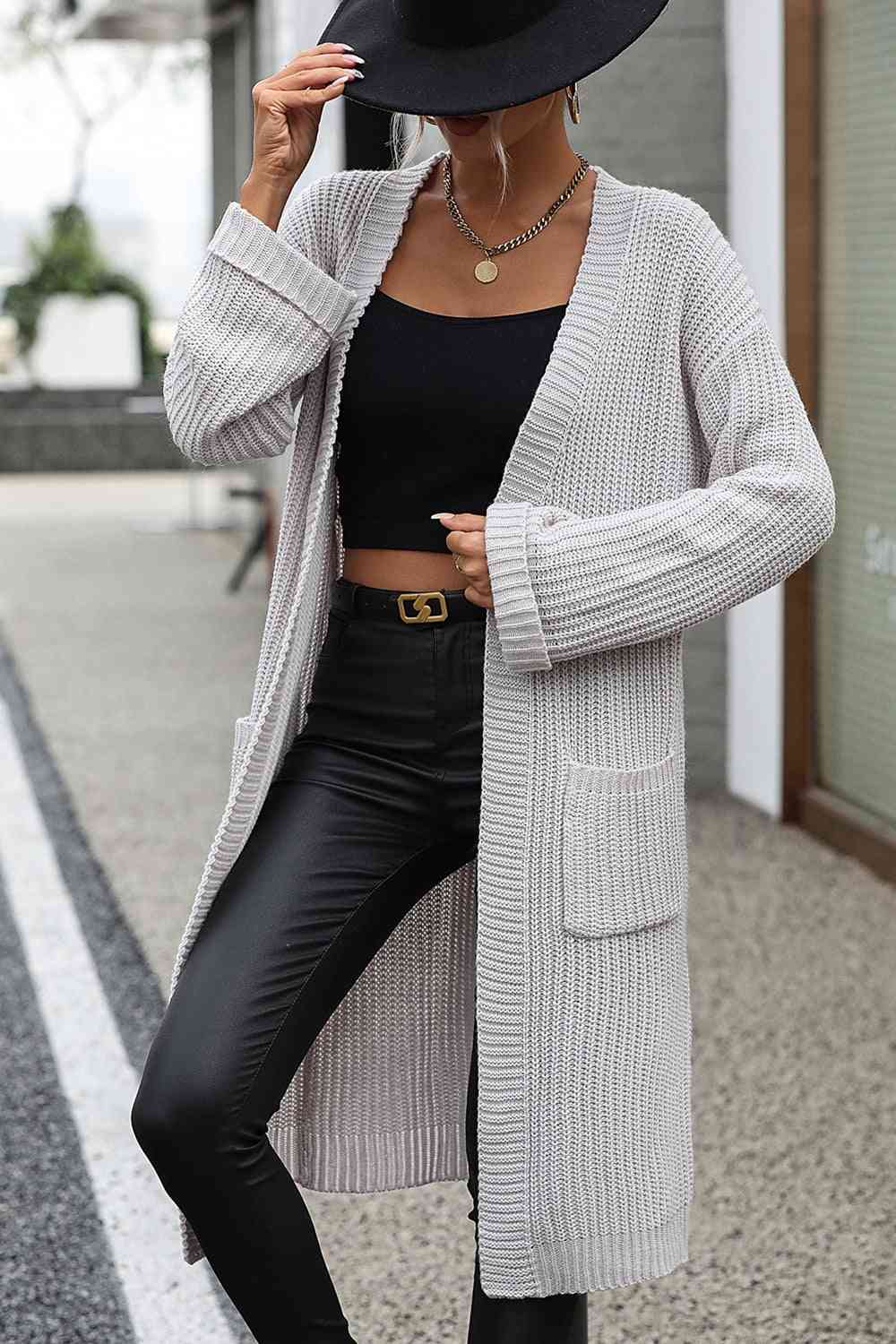 Dropped Shoulder Long Sleeve Cardigan with Pocket - Design Studios Direct